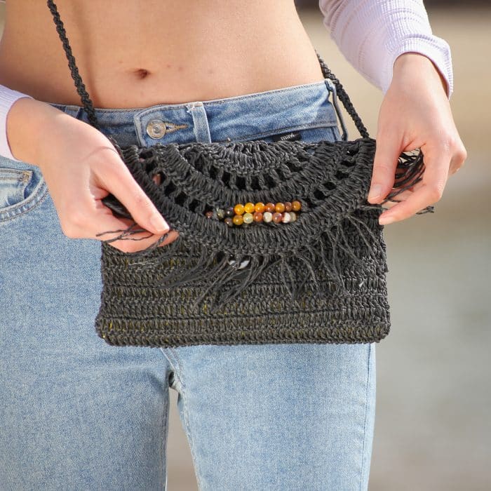 Kağıt İp Çapraz Çanta - Püskül ve Doğal Taş Detaylı – Image 2