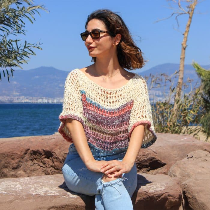 Yarım Kollu Bej File Üst – El Örgüsü, Nefes Alan Tığ İşi – Bild 2