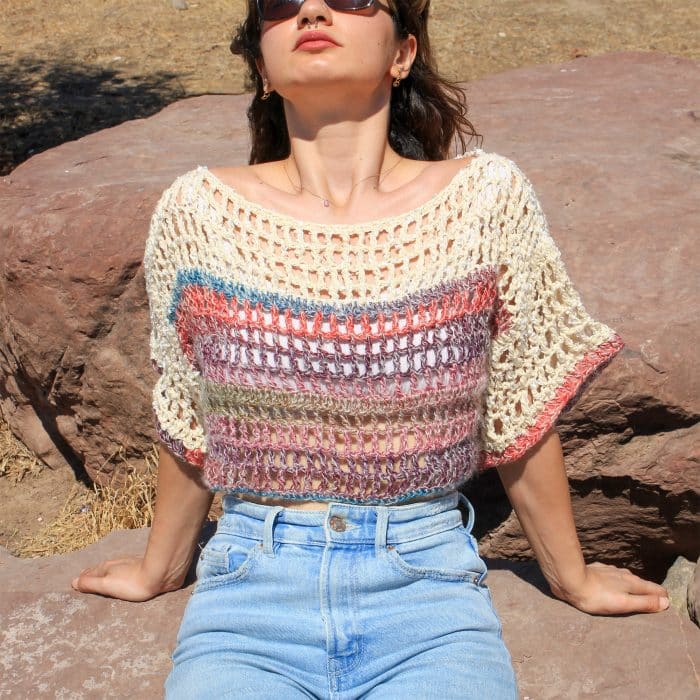 Yarım Kollu Bej File Üst – El Örgüsü, Nefes Alan Tığ İşi – Bild 3