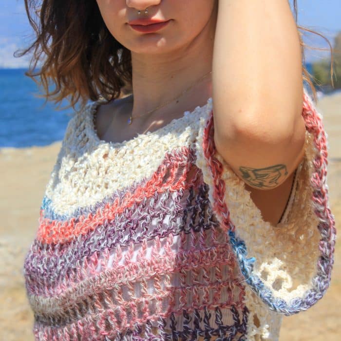 Yarım Kollu Bej File Üst – El Örgüsü, Nefes Alan Tığ İşi – Bild 6