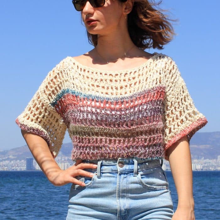 Yarım Kollu Bej File Üst – El Örgüsü, Nefes Alan Tığ İşi – Bild 8