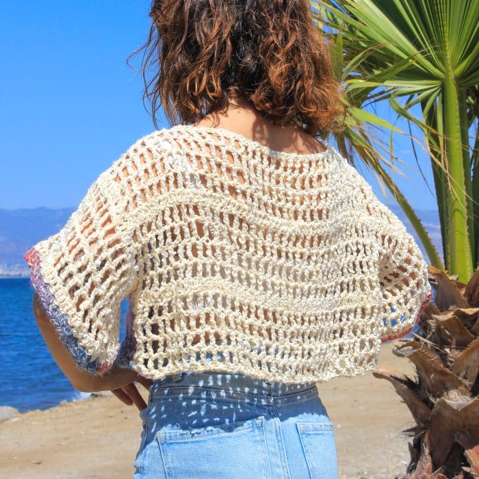 Yarım Kollu Bej File Üst – El Örgüsü, Nefes Alan Tığ İşi – Bild 9