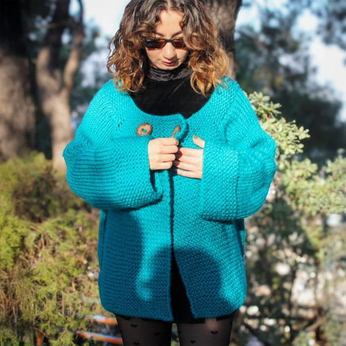 Oversize Turkuaz Yün Hırka- Renkli ve Özgün Tasarım - Görsel 7