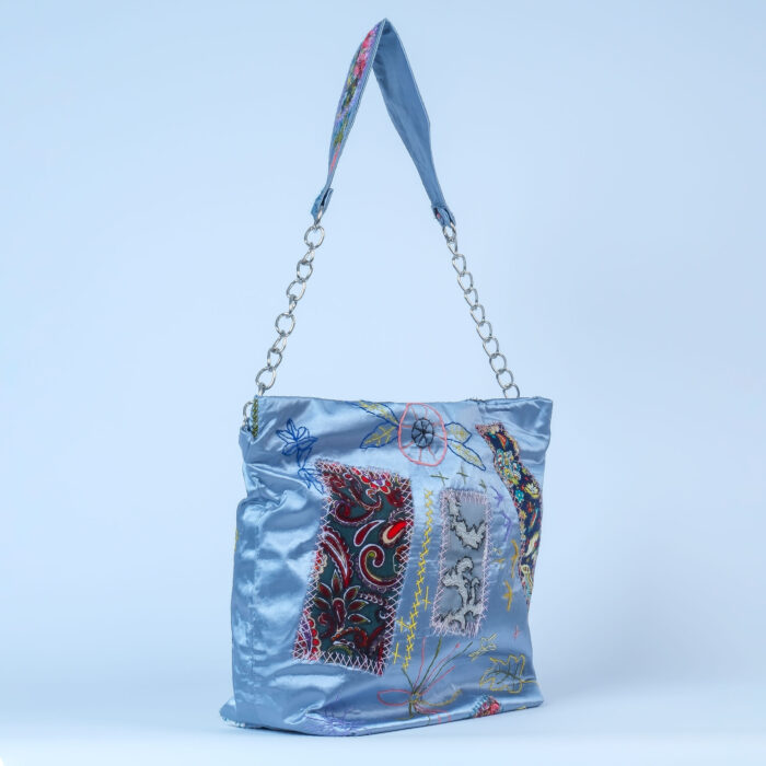 Mavi Saten Omuz Çantası – Japon Boro Upcycled Patchwork - Görsel 3