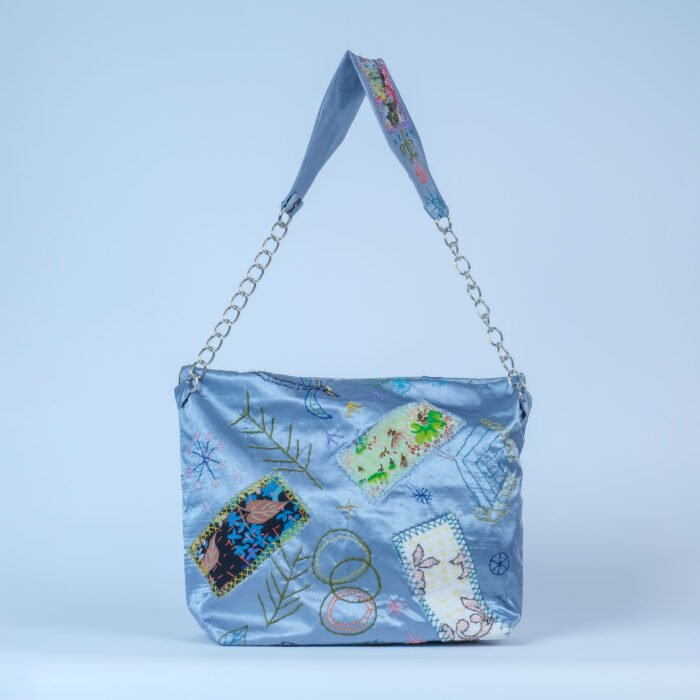 Mavi Saten Omuz Çantası – Japon Boro Upcycled Patchwork - Görsel 5