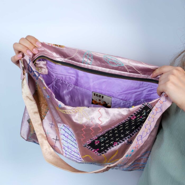 Uçuk Pembe Patchwork Boro Çanta – %100 İleri Dönüşüm, Japon Boro Sanatı - Görsel 8