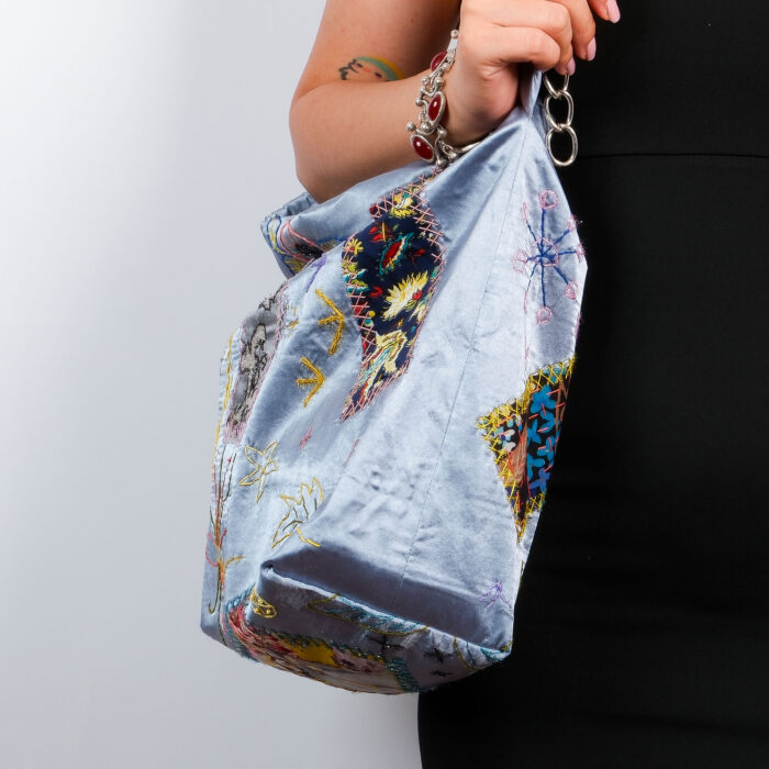 Mavi Saten Omuz Çantası – Japon Boro Upcycled Patchwork - Görsel 6