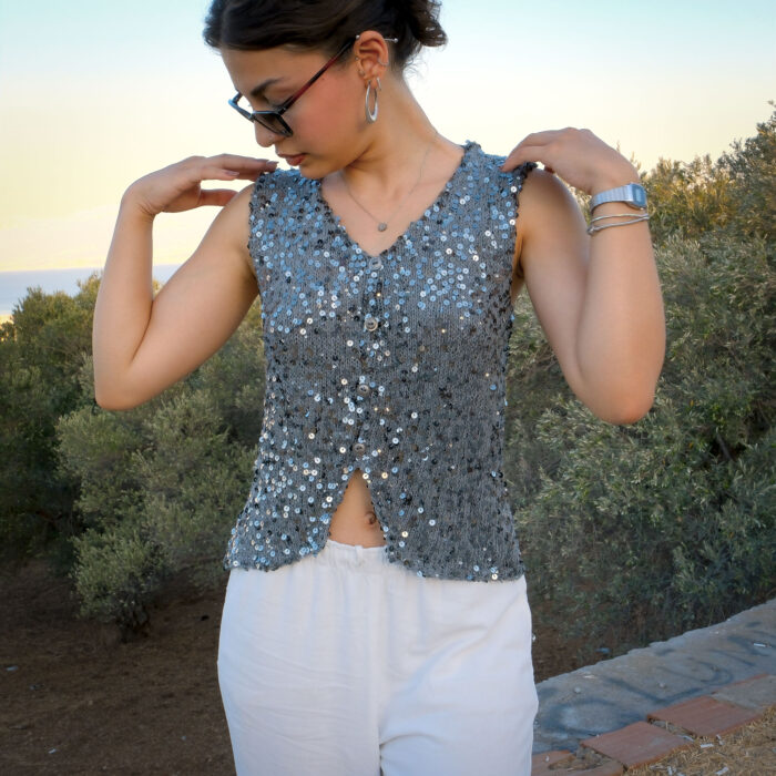 Payetli Örme Yelek – Gümüş Gri | V-Yaka | El Yapımı - Görsel 8