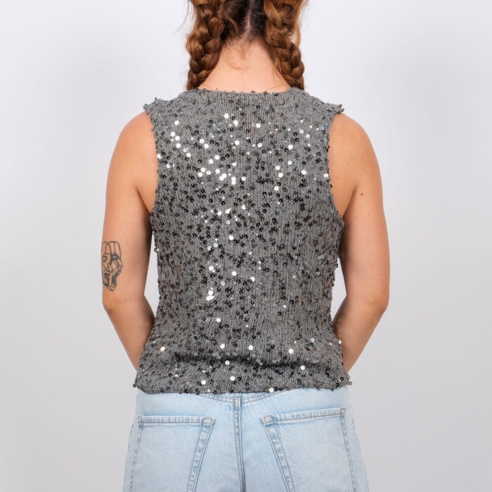 Payetli Örme Yelek – Gümüş Gri | V-Yaka | El Yapımı - Görsel 4