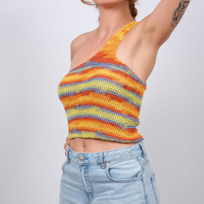 Gün Batımı Çizgili Tek Omuzlu Crop Top - Görsel 2