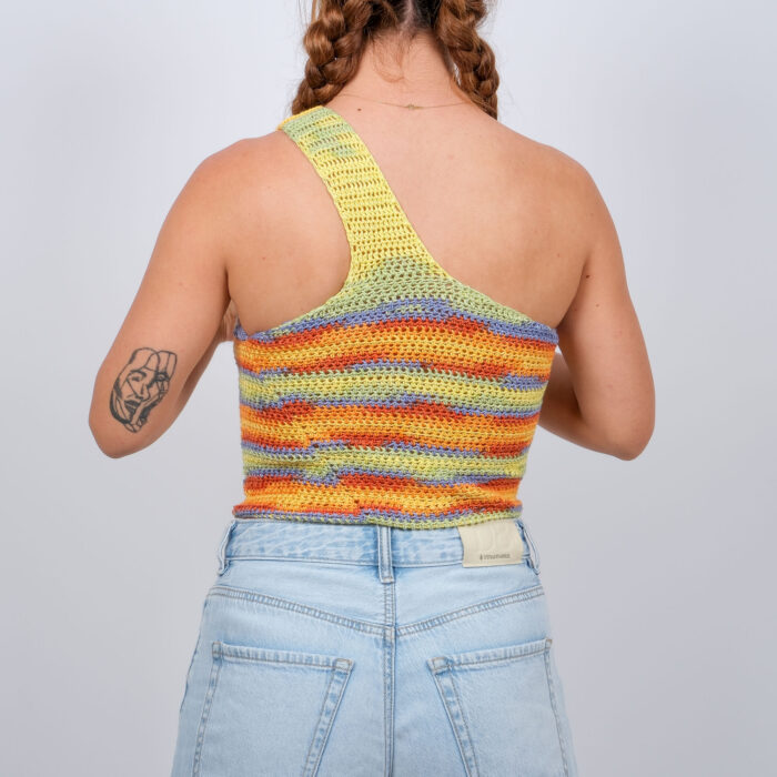 Gün Batımı Çizgili Tek Omuzlu Crop Top - Görsel 4