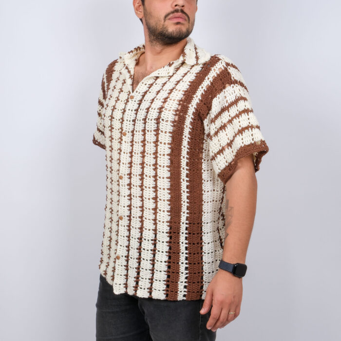Özelleştirilebilir El Yapımı Erkek Gömlek | Kahverengi/Krem Çizgili - Görsel 2