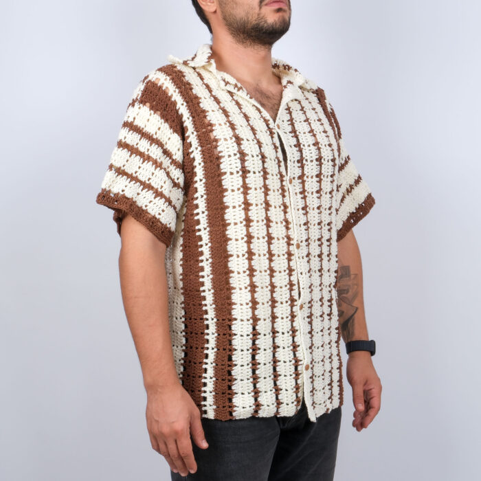 Özelleştirilebilir El Yapımı Erkek Gömlek | Kahverengi/Krem Çizgili - Görsel 8