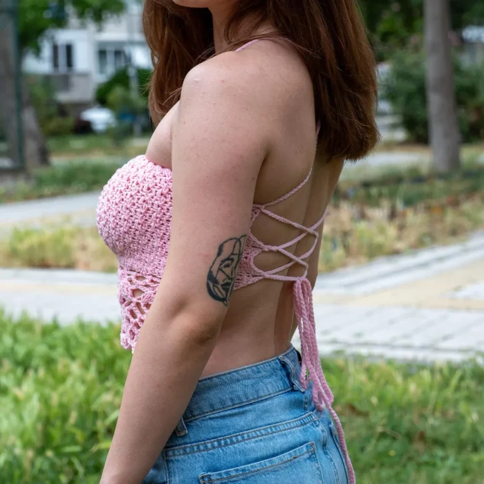 Pembe Boho Crop Top | Desenli Sırttan Bağlamalı - Görsel 4