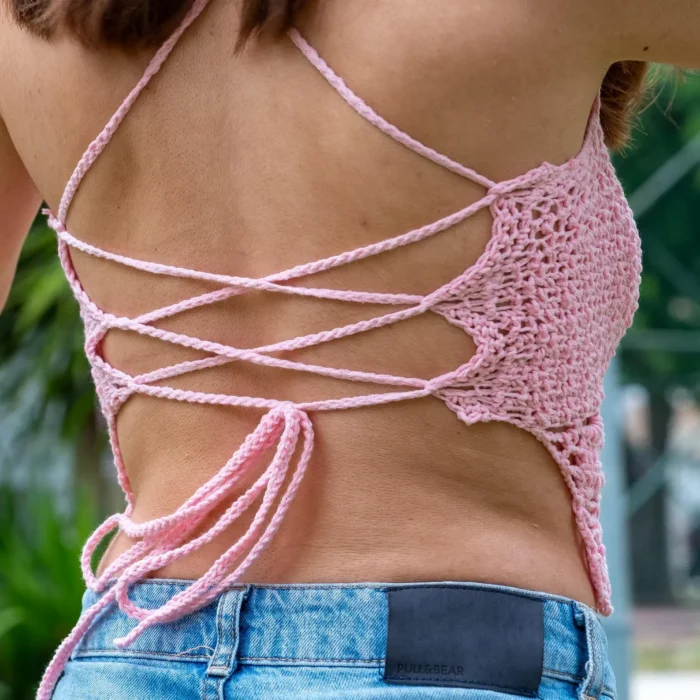 Pembe Boho Crop Top | Desenli Sırttan Bağlamalı - Görsel 2