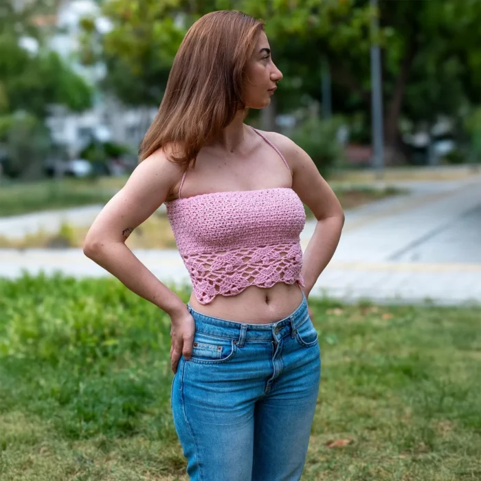 Pembe Boho Crop Top | Desenli Sırttan Bağlamalı - Görsel 3